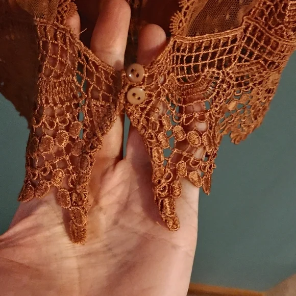 Free People Orange Lace Blouse with Blue and White Embroidery - Picture 5 of 5